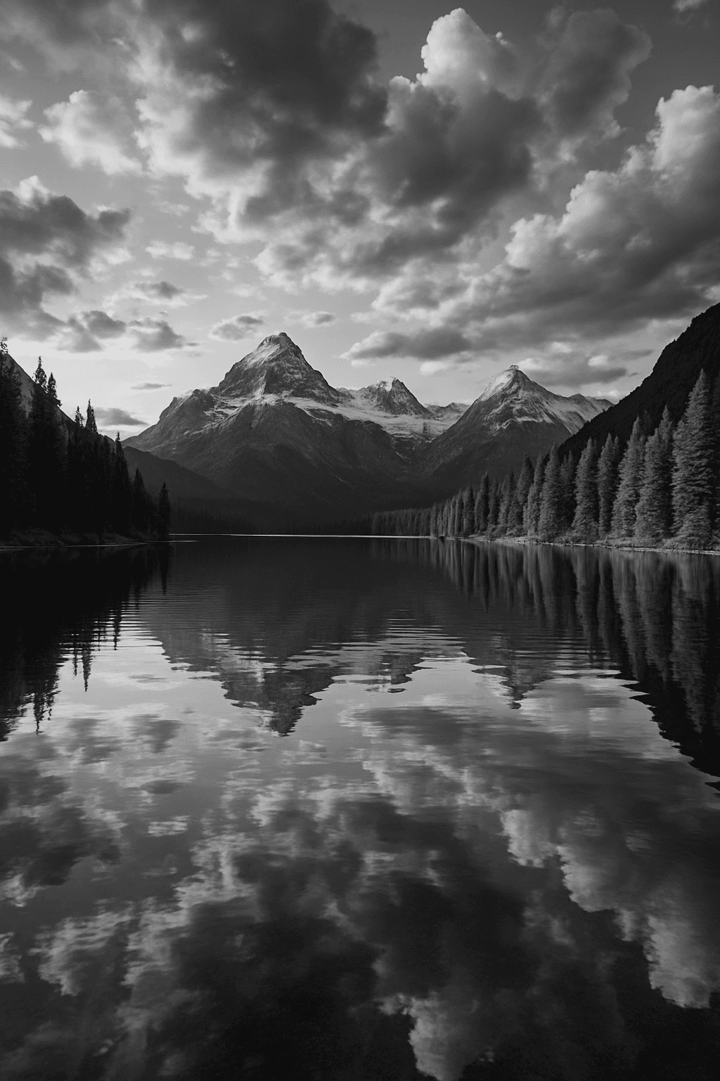 Dramatic Mountain Lake Reflection in Monochrome