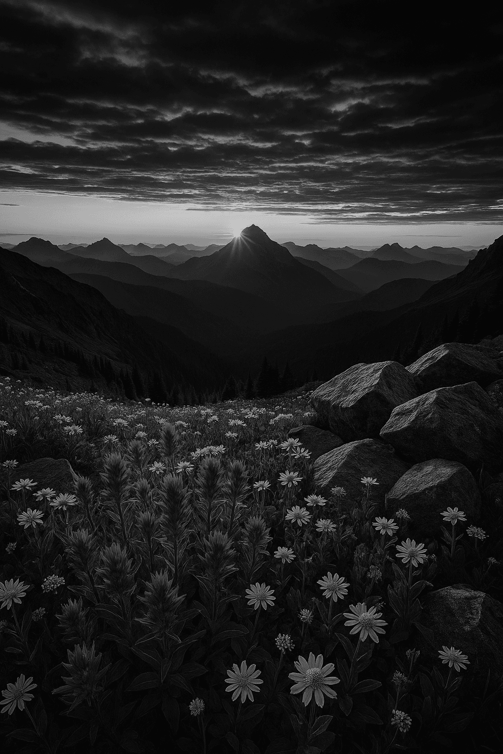 Dramatic Mountain Sunrise with Wildflowers in Monochrome
