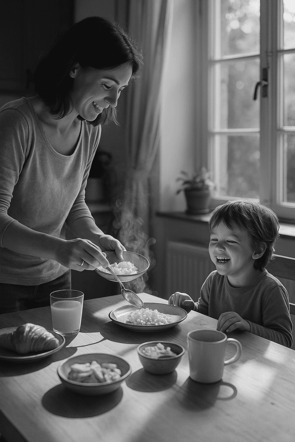 Tender Morning Breakfast Moment in Monochrome