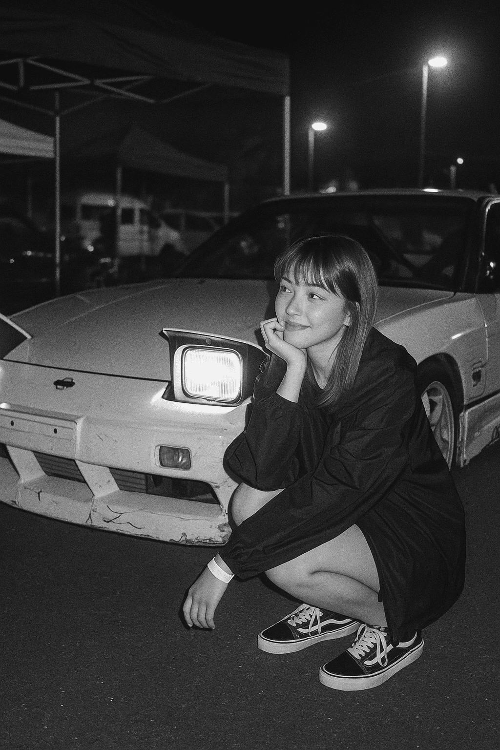 Nostalgic Night Portrait with Vintage Car